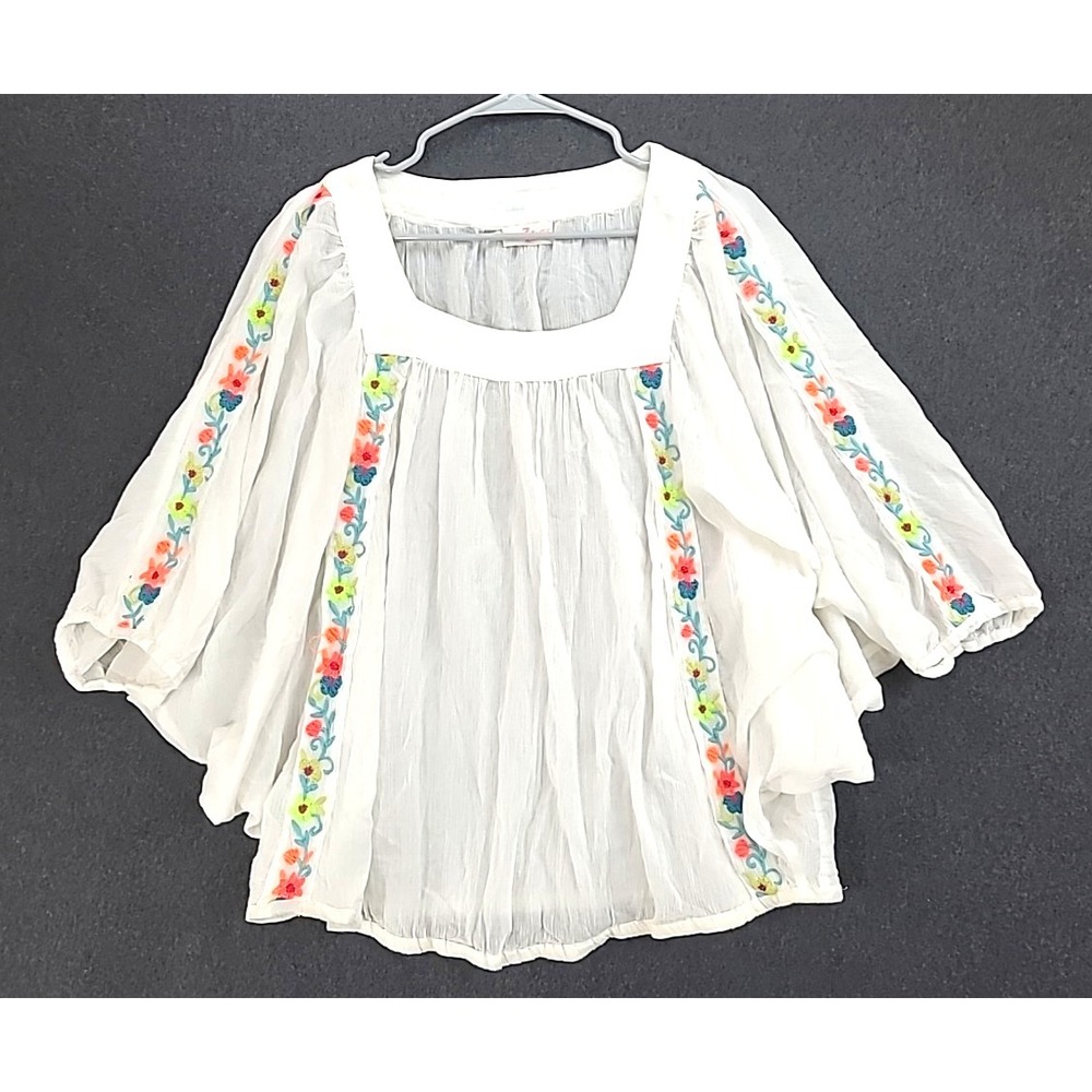 Z&L White Peasant Blouse Hand Embroidered Accents Butterfly Top‎ Sz M